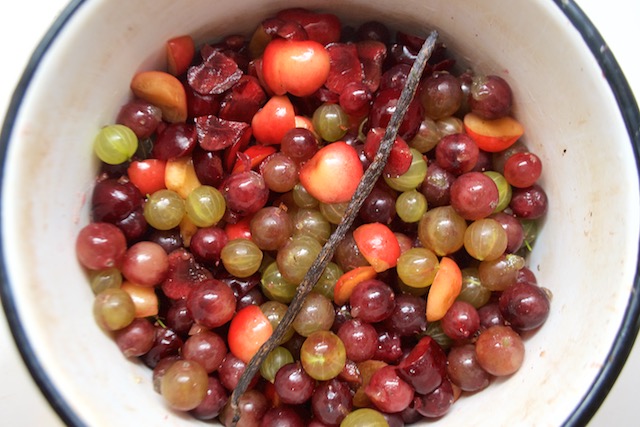 Cherries, Gooseberries and a Vanilla Bean in a Pot