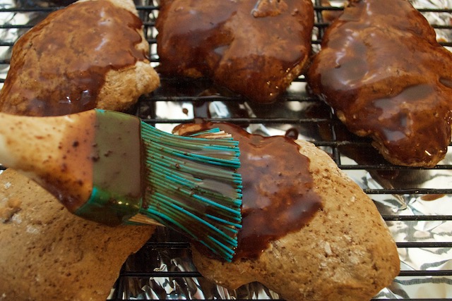 Brushing Chocolate Glaze on Mostaccioli Cookies