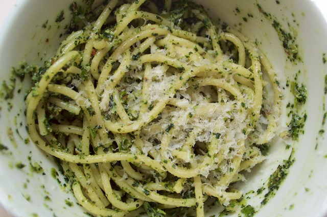 Stinging Nettle Pesto Tossed with Pasta 