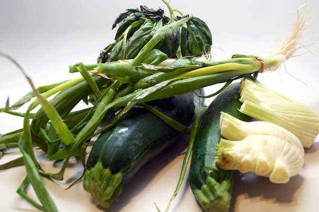 Zucchini, fennel, scallions, and basil for zucchini fennel fritters