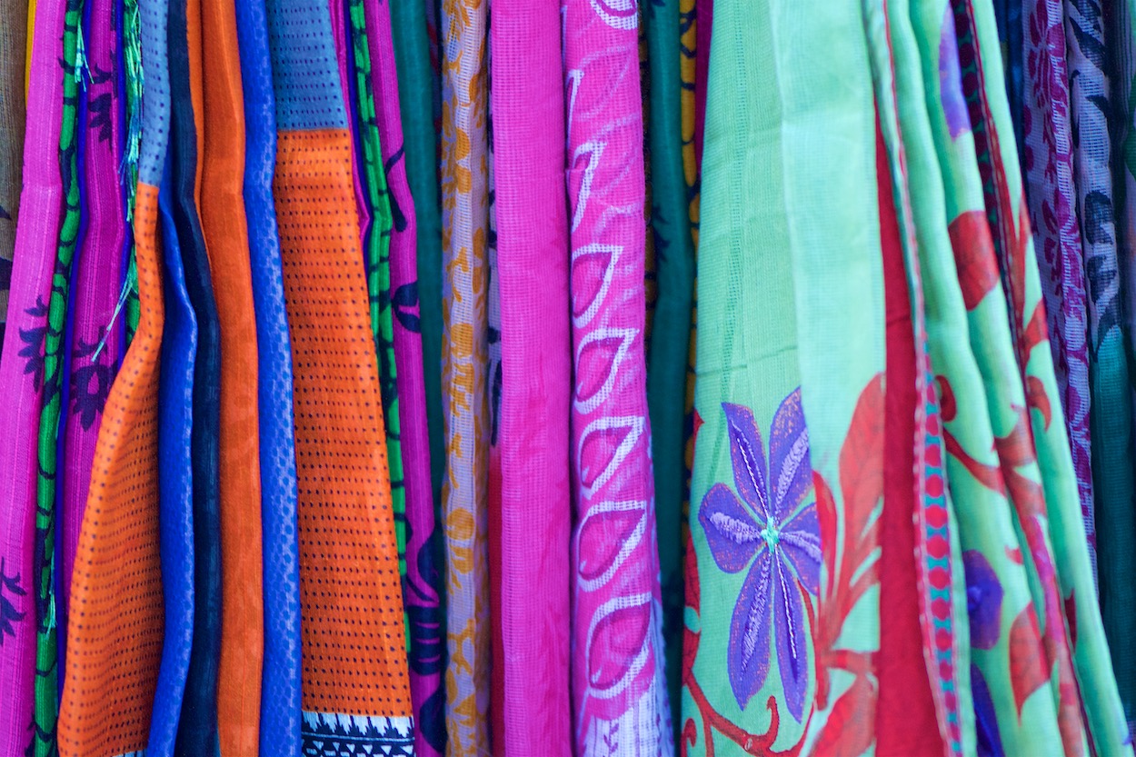 Colorful fabric at the Diwali Festival in
                     Jackson Heights, Queens