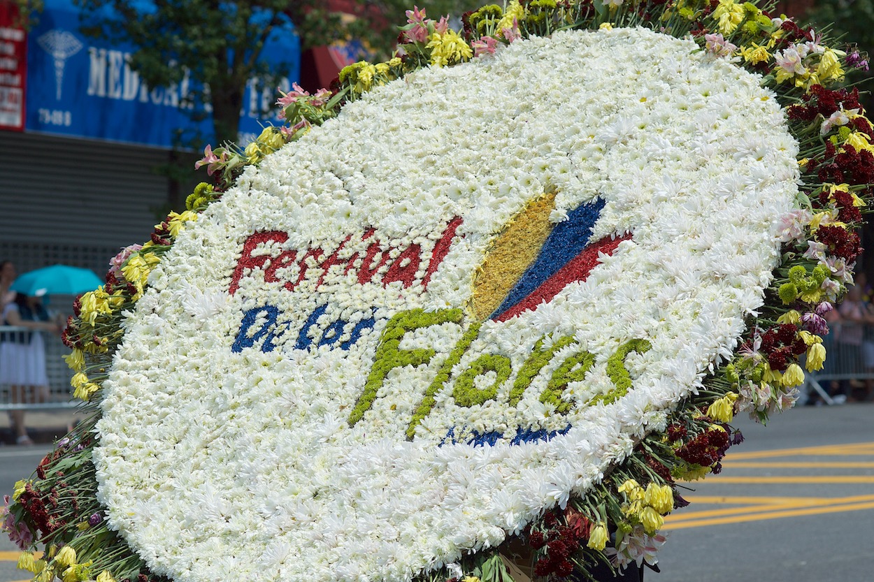 Festival de la Flores detail floral
                     creation in Jackson Heights, Queens for the
                     Parade of the Silleteros