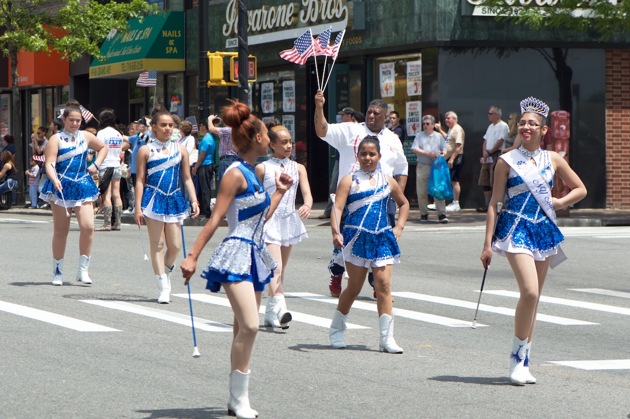 Cheer dancers at the Maspeth Memorial Day
                     parade