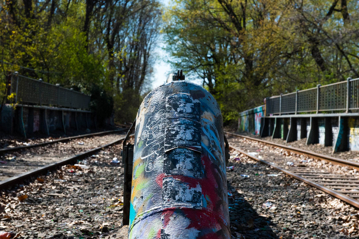 Grafitti-tagged LIRR tracks in
                     Forest Park in Woodhaven, Queens