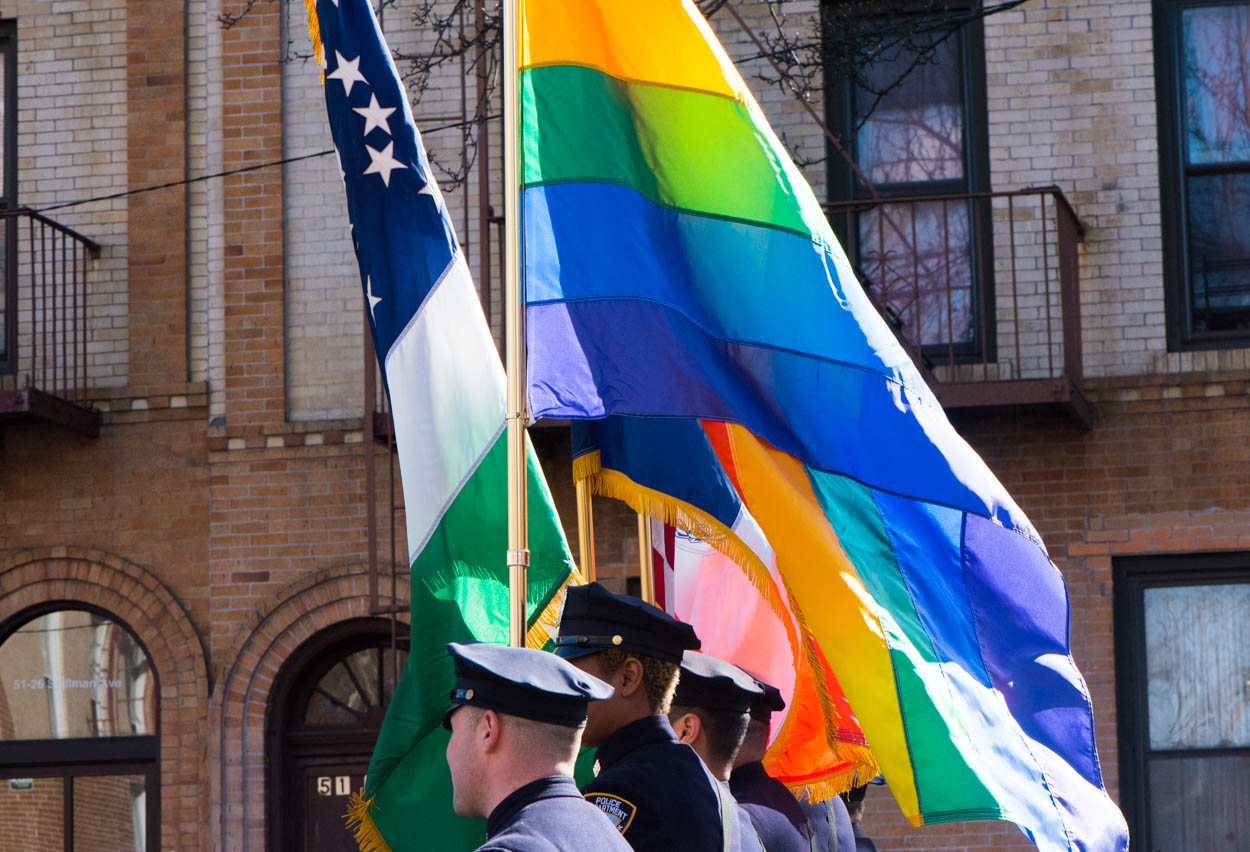 Flags and NYPD Marching in St. Pats for
            All Parade in Woodside, Queens