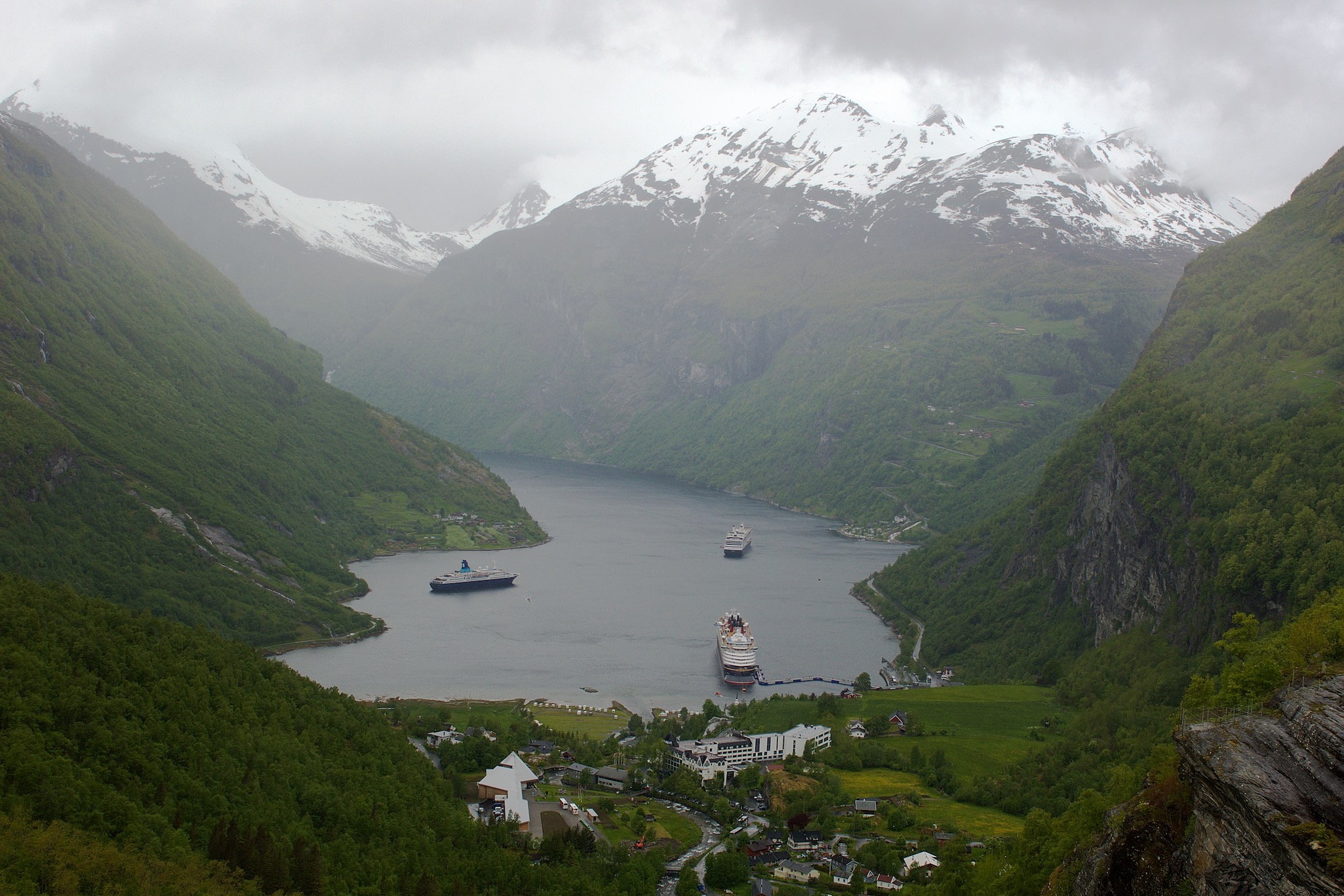 View looking down over the mountains and fjord in Geiranger, Norway