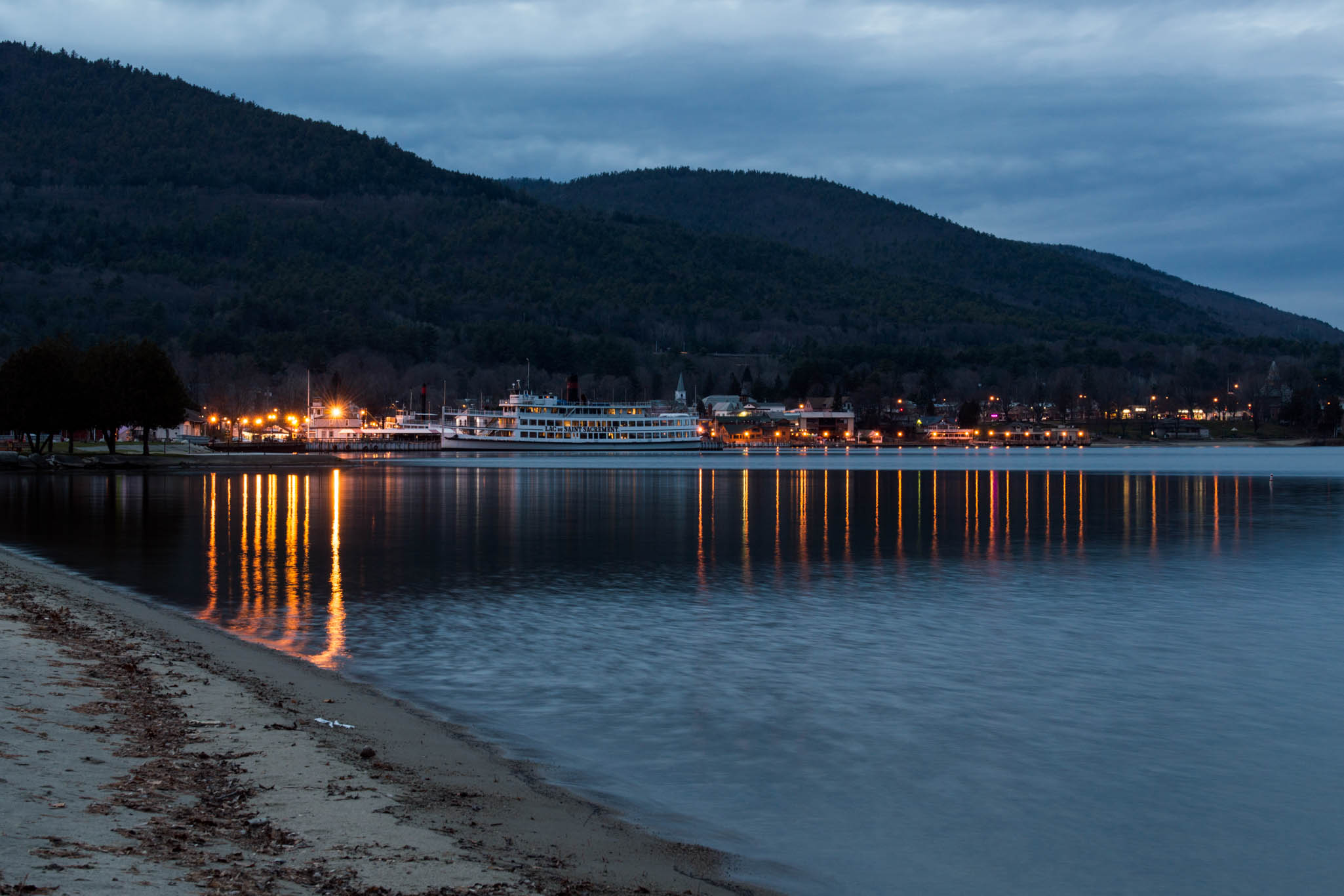 Reflections along Lake George, New York at dusk