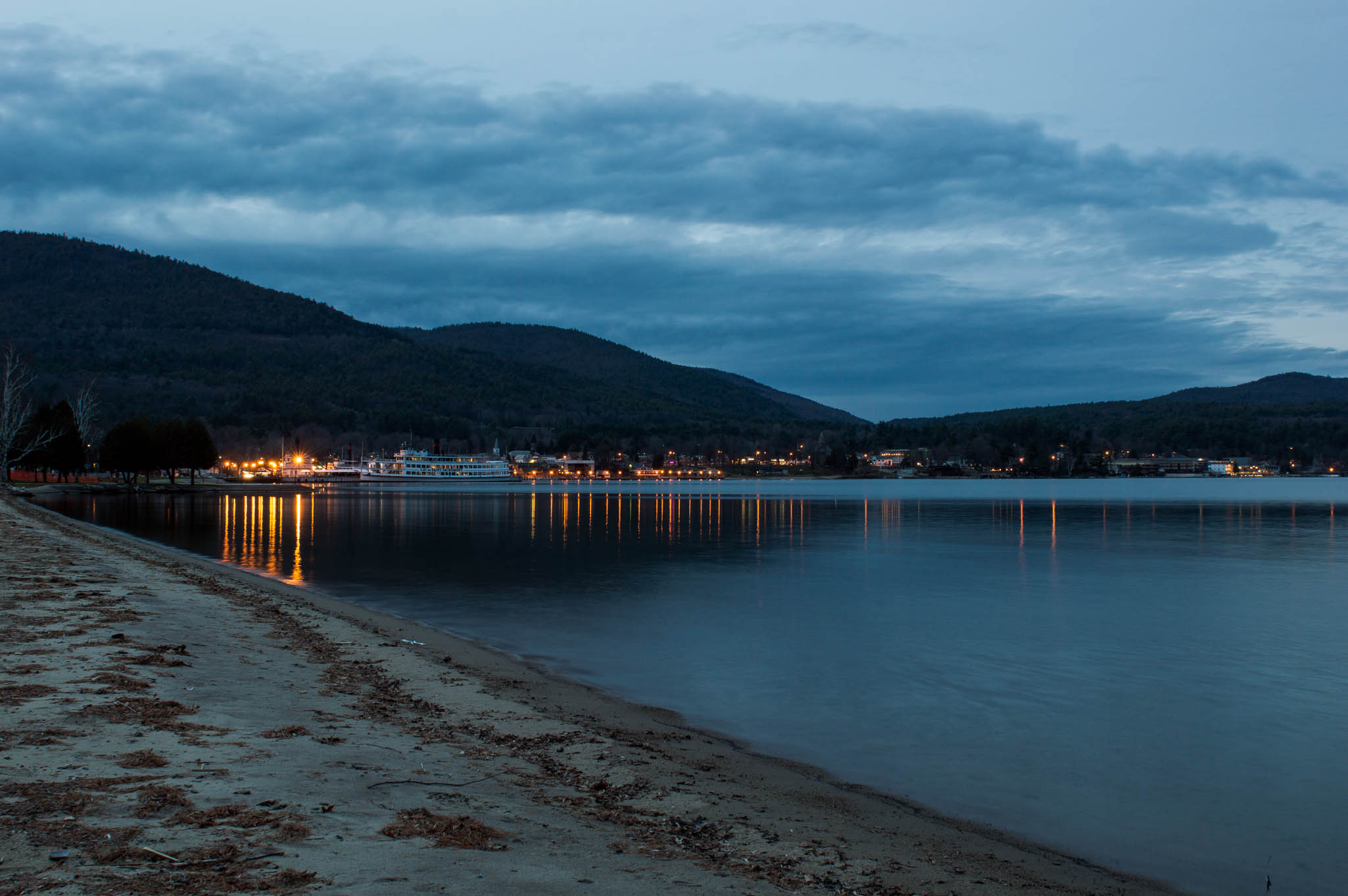 Reflections along Lake George, New York at dusk