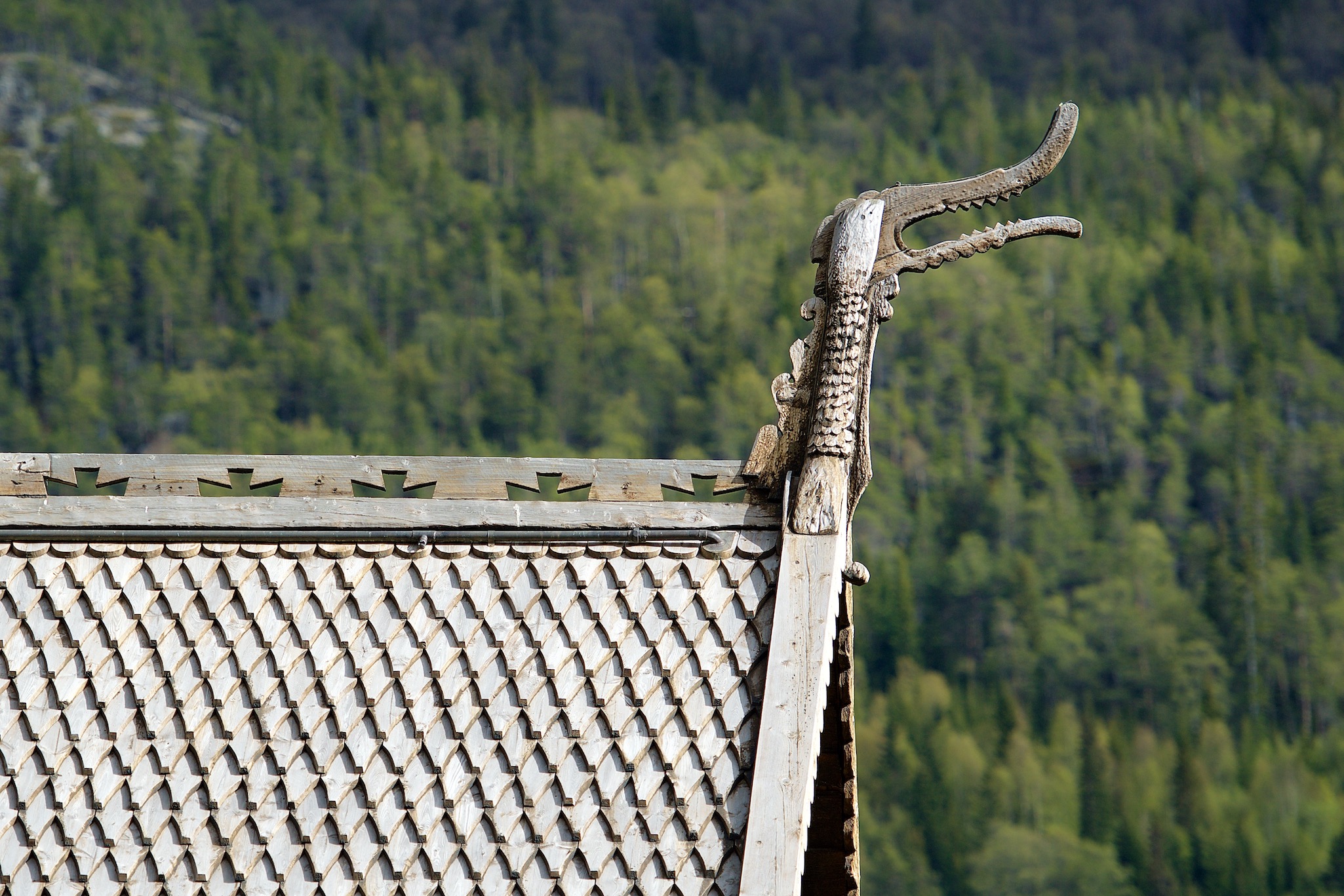 Detail from roof of stave church in Lom, Norway