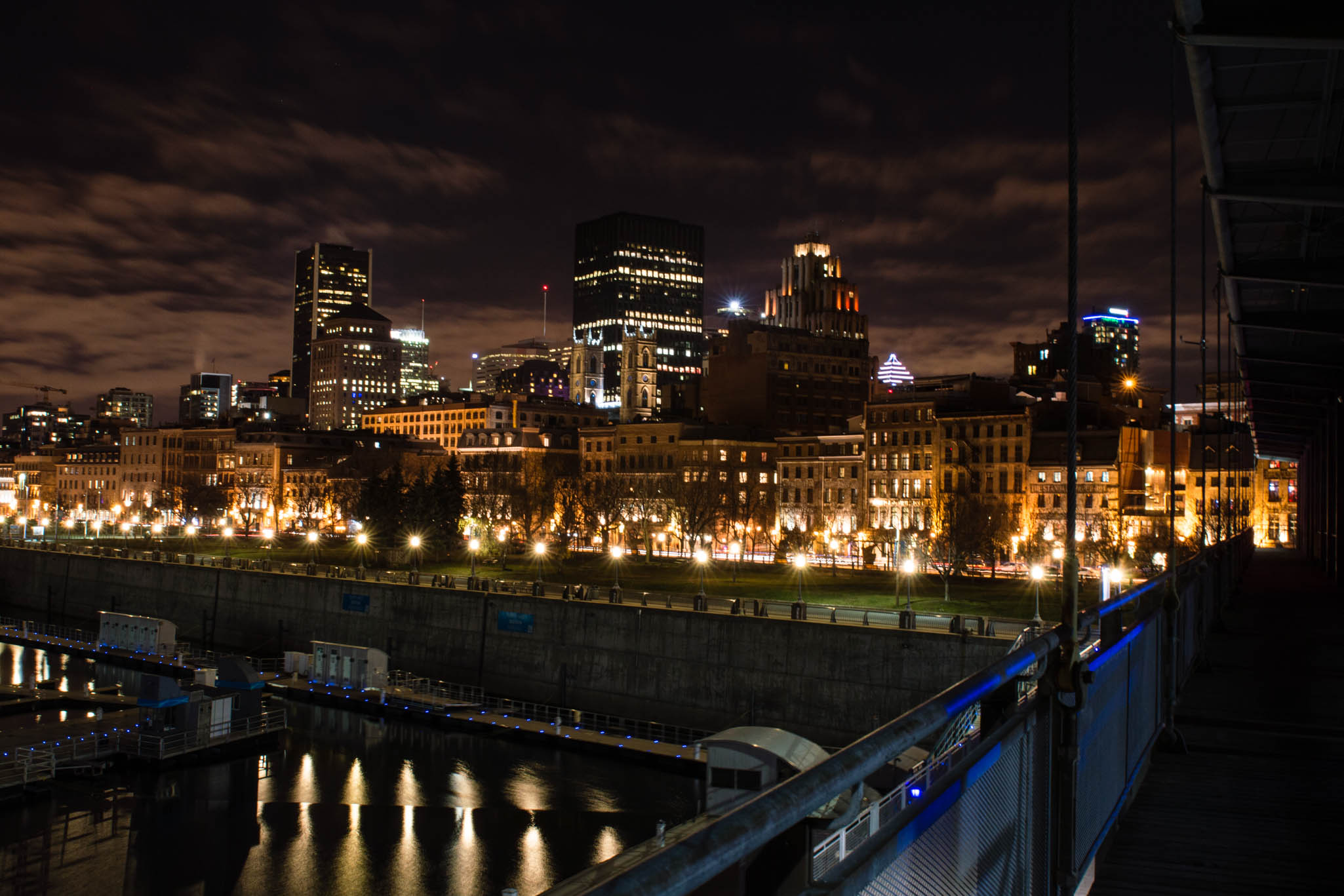 View of the City Skyline at Night from the Old Port in Montreal, Canada