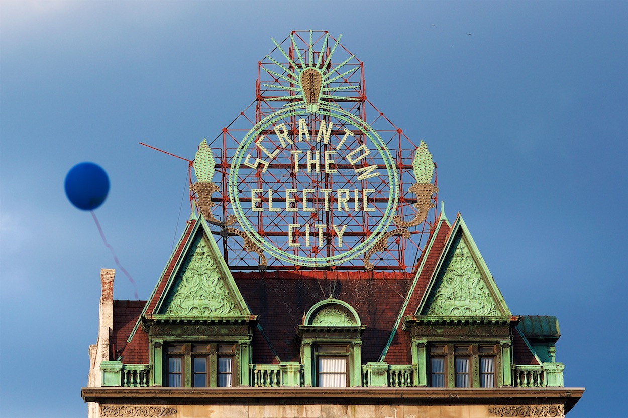 Blue Balloon Flying Past The Electric City Sign in Scranton, Pennsylvania