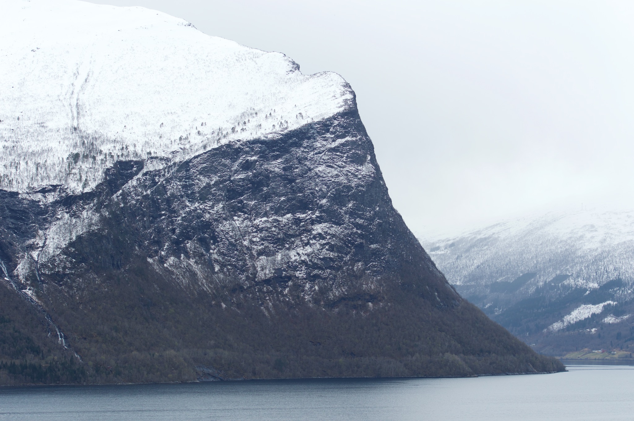 Detail view of Trollveggen from across the fjord in Norway